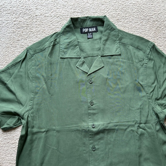 Pop Man Men's Short Sleeve Button Up Shirt Olive Green Collared Soft Viscose S - Picture 3 of 7